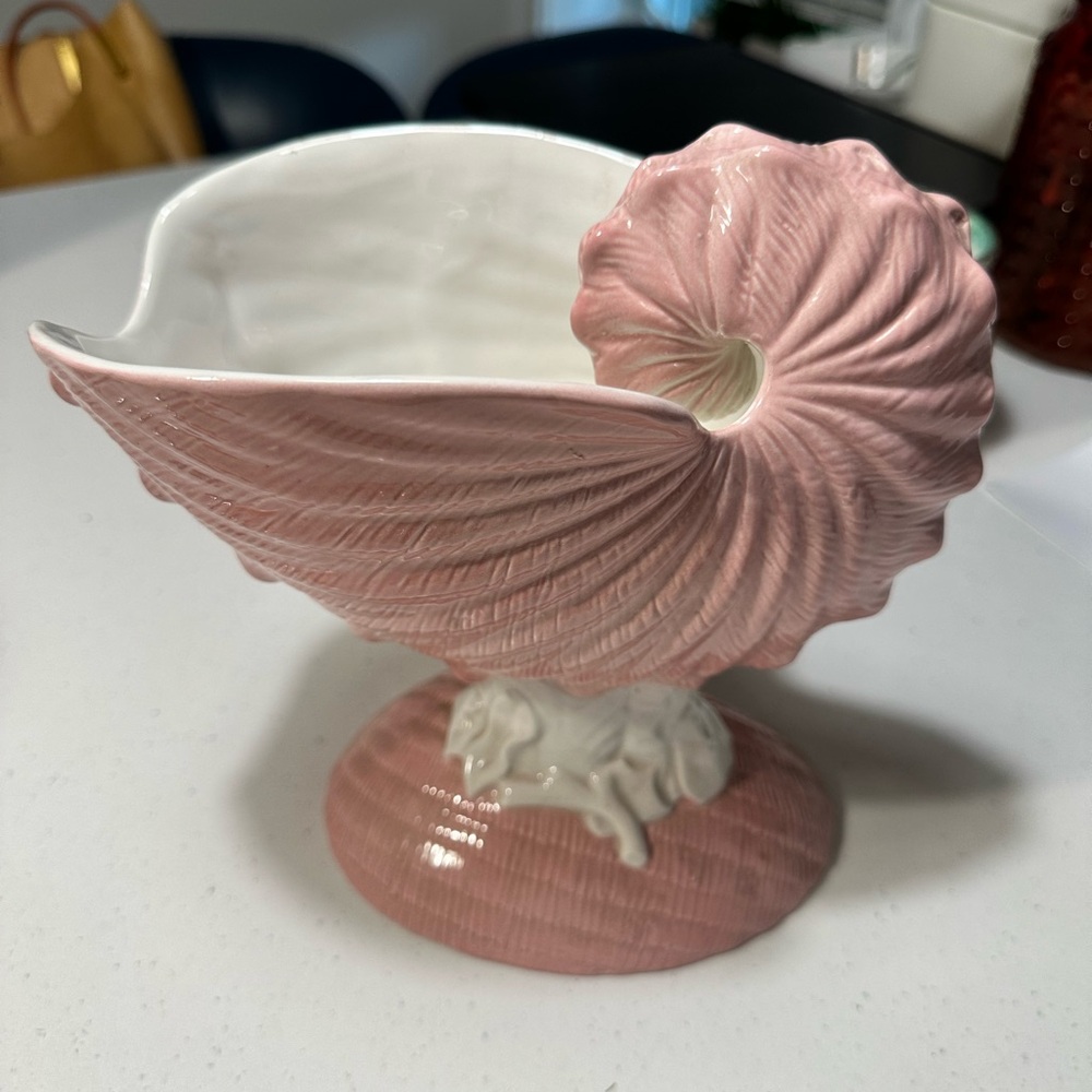 Vintage Italian Majolica Ceramic Sea Shell Vase - Pink and White Coastal Decor